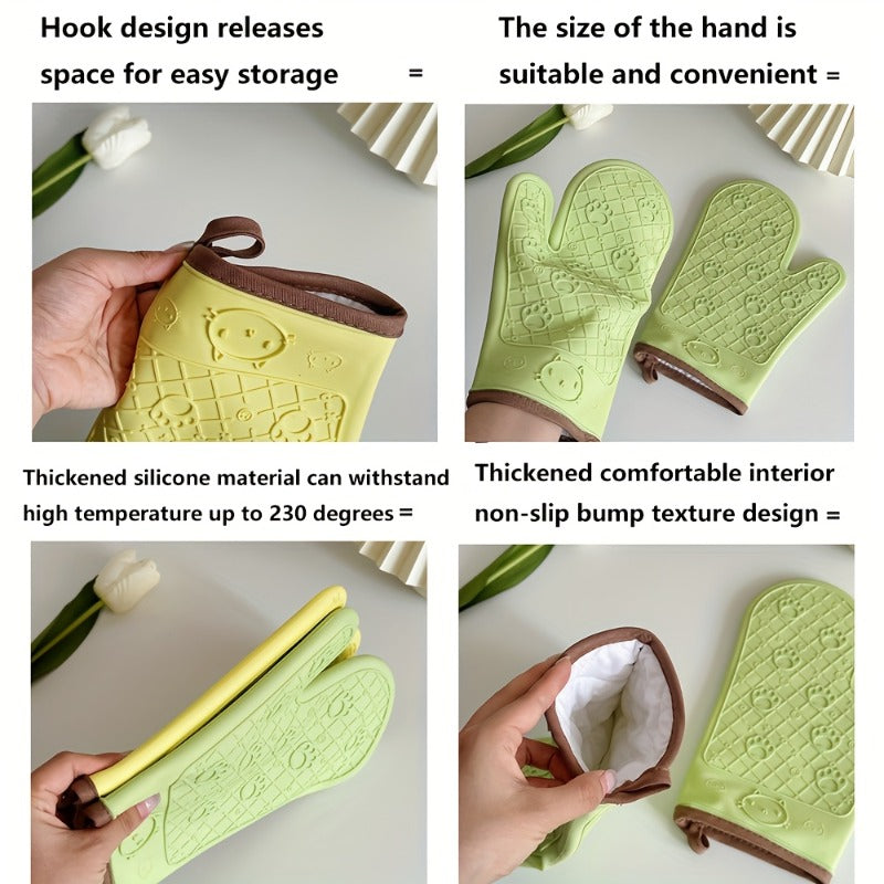This 2pcs Set Is Specially Designed for Baking! These Silicone Gloves Are Heat-Resistant, Anti-Scald, And Non-Slip, Providing You with a Strong Sense of Safety. The Thick Material Is Durable And Machine Washable, Making Kitchen Tasks More Relaxed An