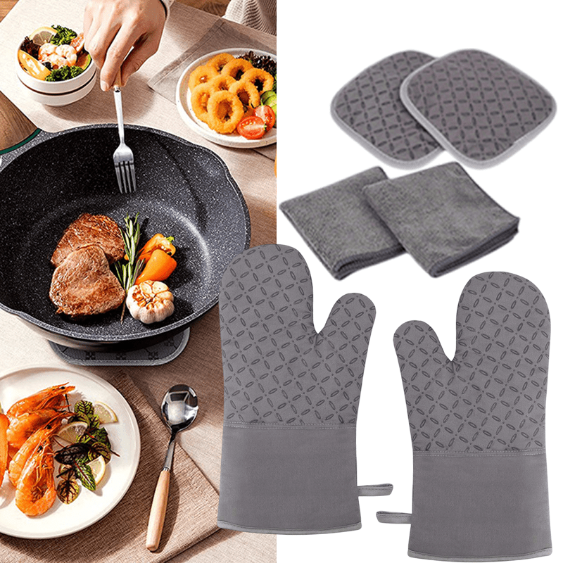 Oven Gloves and Pot Holder Set Heavy Duty Cooking Gloves Kitchen Counter Safety Three-Foot Mat Advanced Heat Resistant Non-Slip Silicone Surface for Cooking Easy To Grip