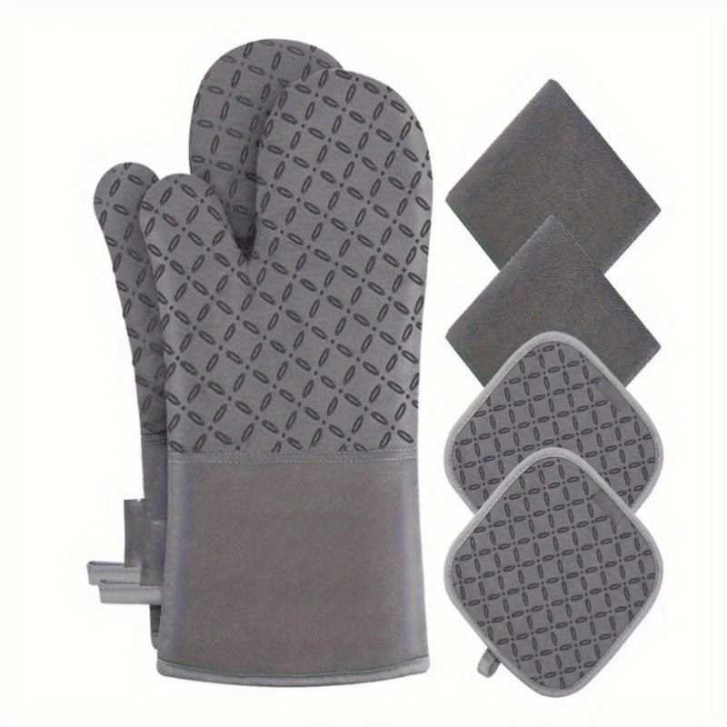 Oven Gloves and Pot Holder Set Heavy Duty Cooking Gloves Kitchen Counter Safety Three-Foot Mat Advanced Heat Resistant Non-Slip Silicone Surface for Cooking Easy To Grip